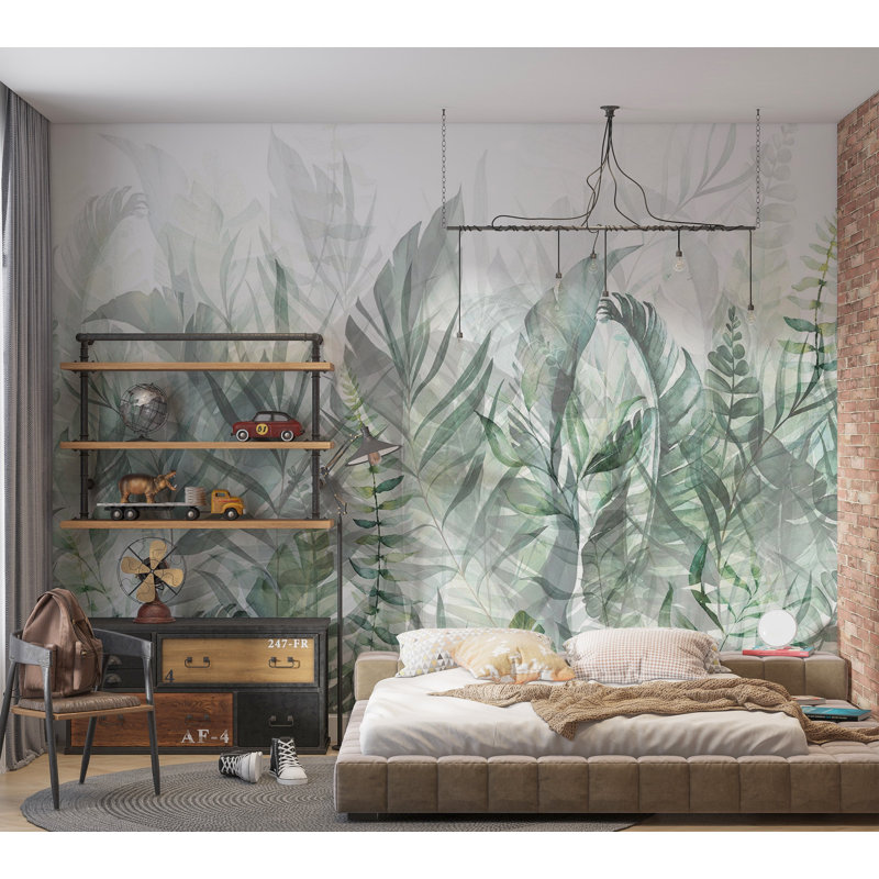 Papier peint botanique - vert bosquet magique, L 124 po x l 177 po