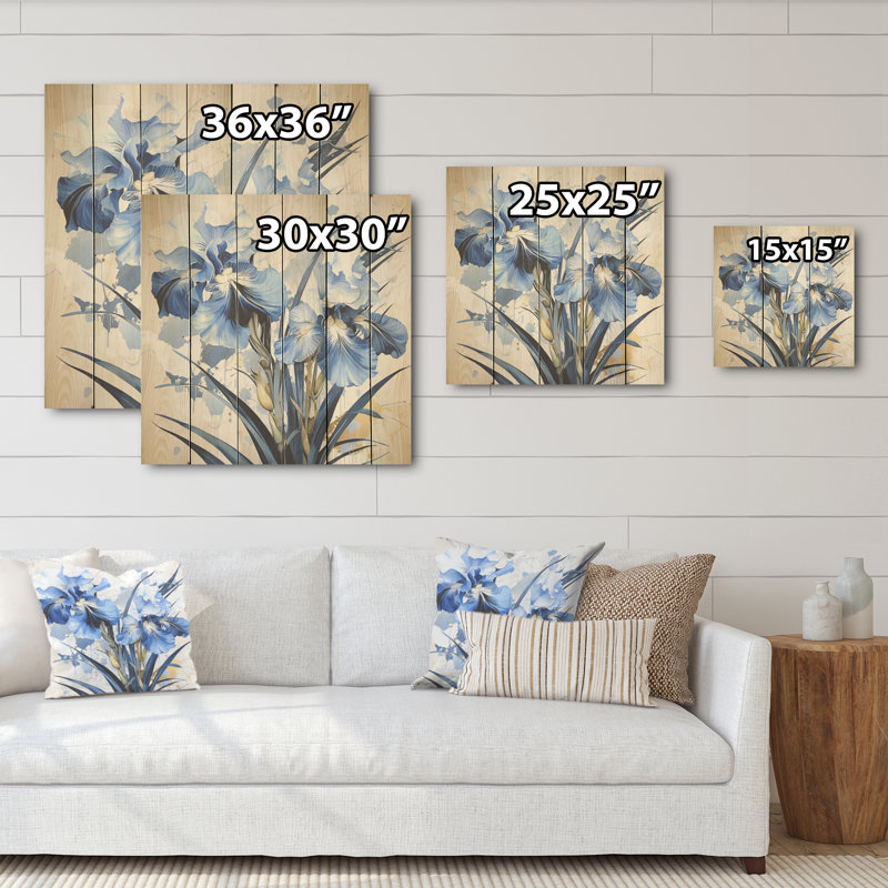 Minimalisme bleu et blanc jardin d'iris I - Art mural en bois d'iris sur bois de pin naturel, H 30 po x l 30 po