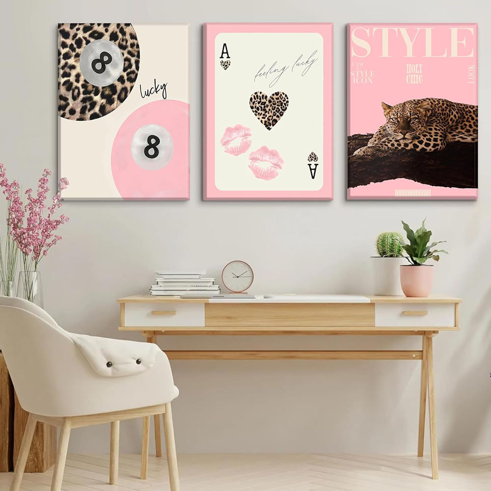 3Pcs Trendy Pink Leopard Wall Art Preppy Leopard Lucky 8 Ball Poster Printing Artwork Y2k Coquette Funky Cheetah Aesthetic Room Decoration For College
