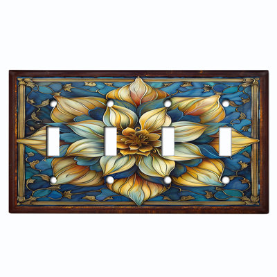 Metal Light Switch Plate Cover; US Standard Size 4 Gang Toggle - Lotus Flower Stained Glass Print