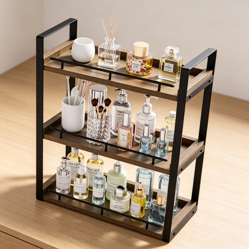 Organisateur de comptoir de salle de bain à 3 niveaux, tablette de comptoir en bois pour le rangement de maquillage pour la toilette, brun rustique avec support en métal durable pour l'évier de cuisine