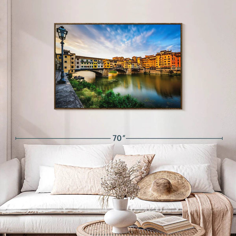 Ponte Vecchio, paysage fluvial, 43 po x 29 po, Cadre flottant en noyer