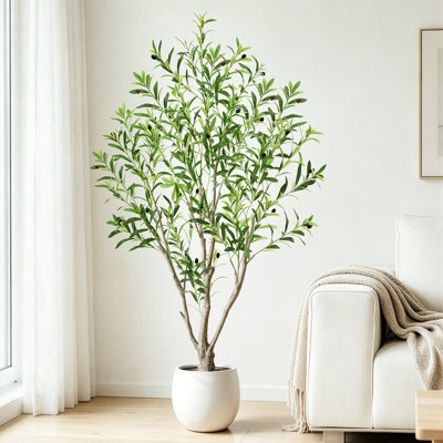 5FT Artificial Olive Tree in Black Cement Pot - Realistic Faux Olive Plant for Modern Living Room, Office & Entryway Decor