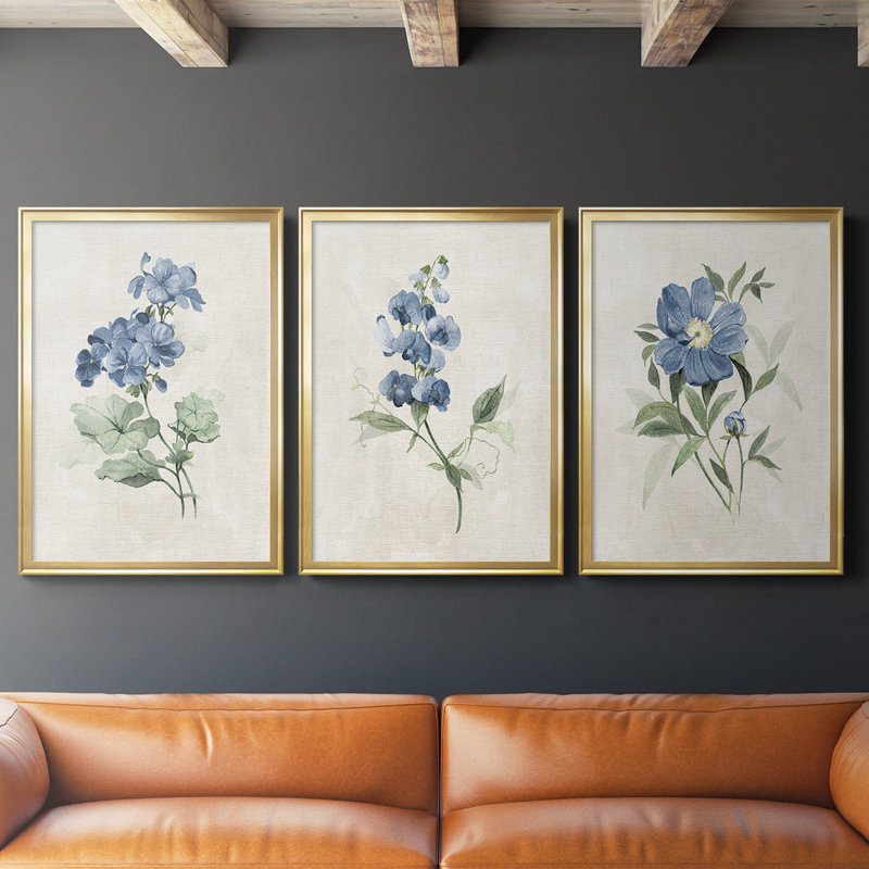 " Farmhouse Periwinkle I " 3 - Pieces, Gold, 24.5" H x 55.5" W x 1.25" D