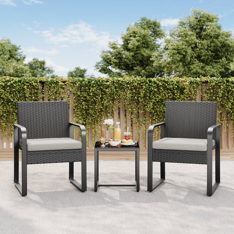 2-Person Wicker Patio Conversation Set – with Cushions & Coffee Table, Gray
