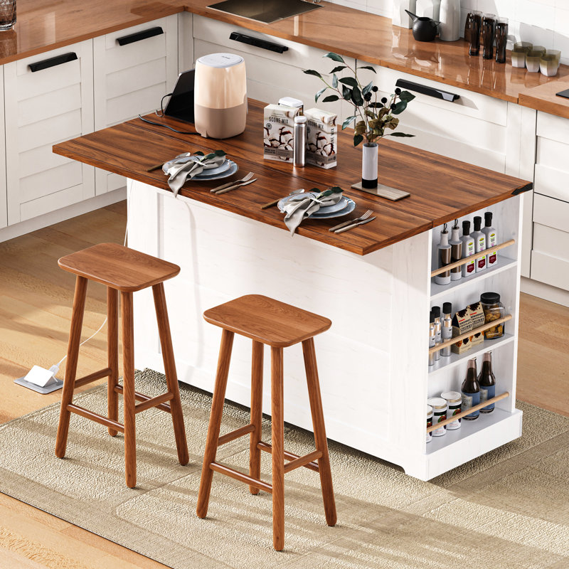 Farmhouse Kitchen Island with Two Tempered Glass Cabinet Doors, Drop Leaf, 5 Open Side Racks, 3 Drawers, White