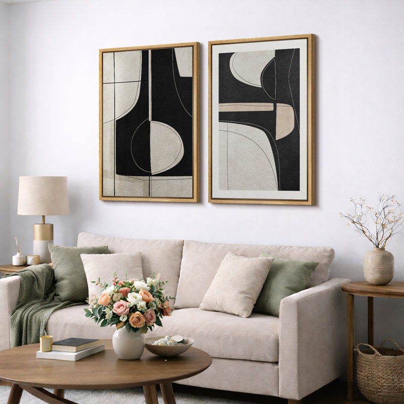 Mid Century Shape "Black Green Abstract Shape Artwork, Classy Minimal Contemporary Neutral Wall Pictures, Framed Canvas Giclée Print 2 Pieces Wall Art" 16x24x2 pcs, 24x36x2 pcs