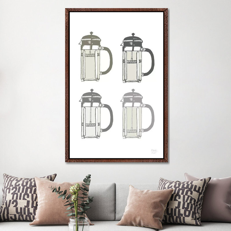 French Press Coffee Maker - Print on Canvas, Classic Brown Wood Floater Framed, 152.4cm H x 101.6cm W x 3.81cm D