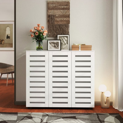 Range-chaussures, range-chaussures à 5 niveaux avec tablettes réglables, range-chaussures en bois avec portes à persiennes pour vestibule, couloir, chambre à coucher, placard, salon