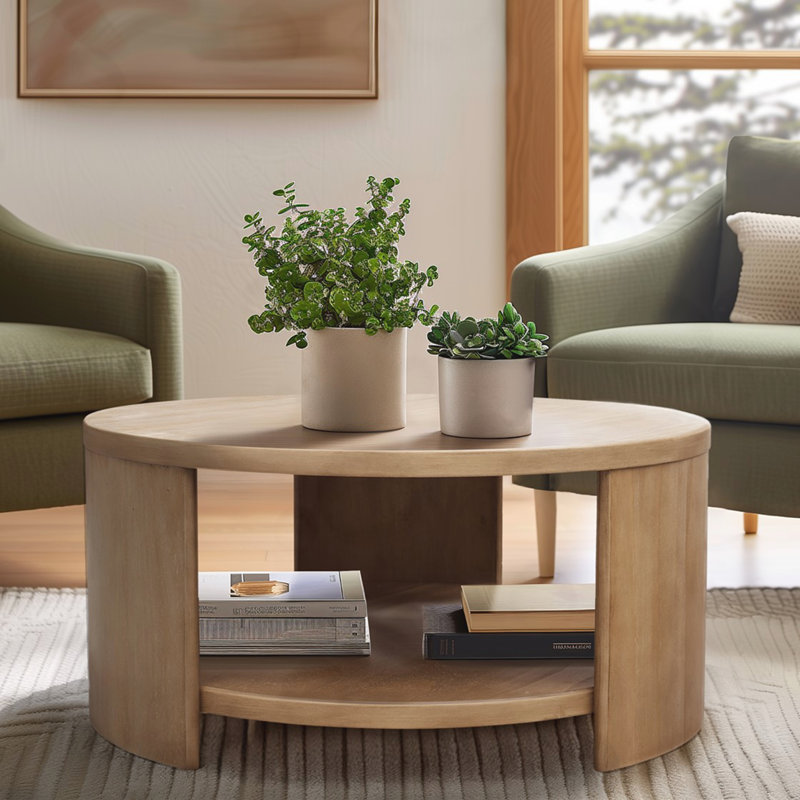 Table basse ronde avec tablette, Naturel, Bois