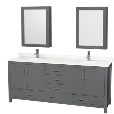 Meuble-lavabo double autoportant 80 po avec dessus en quartz et armoires à pharmacie Sheffield