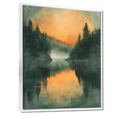 Décoration murale orange, forêt verte, lac au coucher du soleil