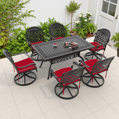 7-Piece 59.06" Rectangular Patio Dining Set with 6 Swivel Chairs, Red Cushions