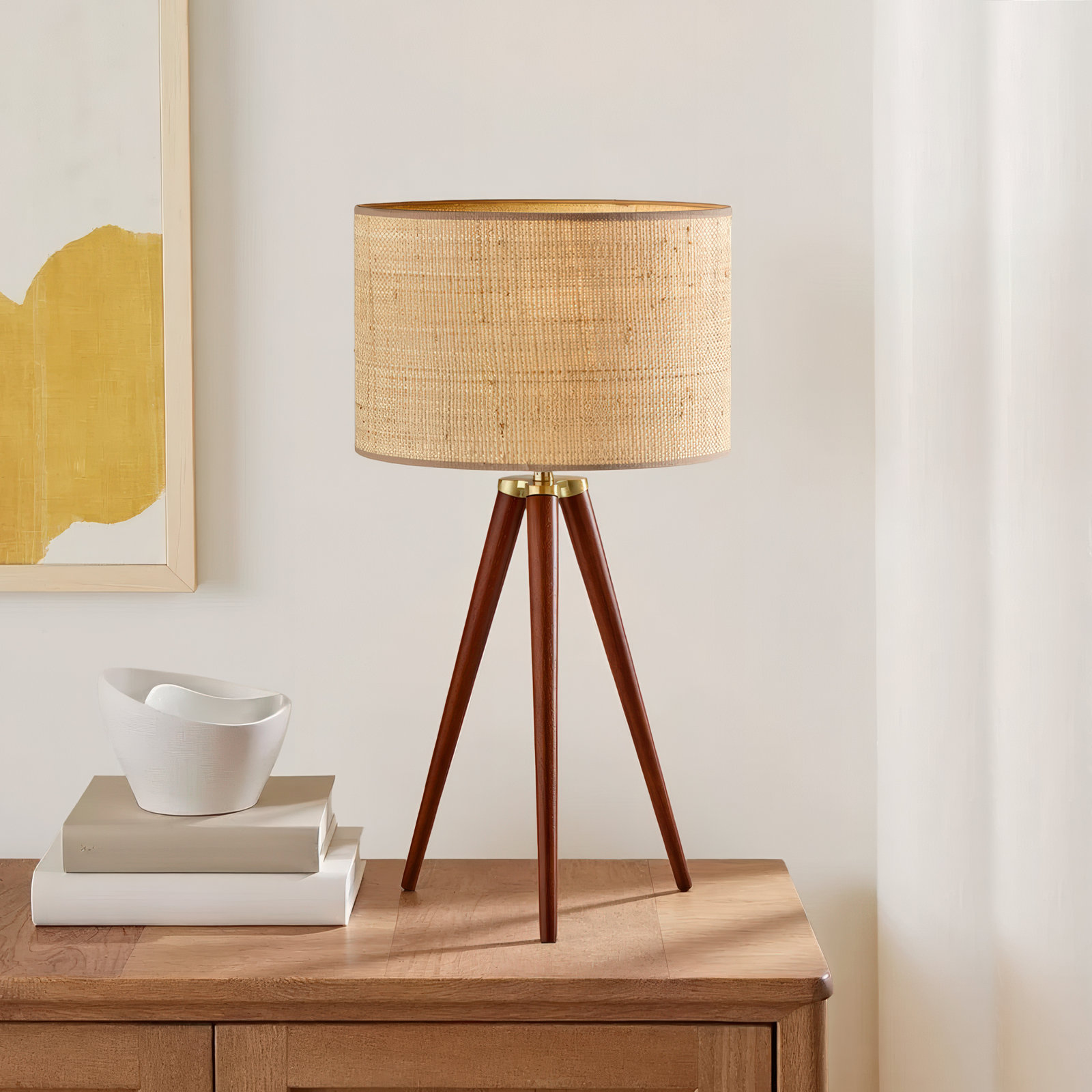 Kisa Wood Tripod Lamp, Walnut Wood w. Antique Brass Accents, Woven Natural Rattan Shade w. Beige Trim