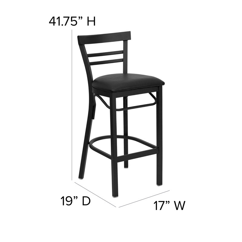 Worley Two-Slat Ladder Back Metal Restaurant and Dining Barstool with Vinyl Upholstered Seat, 1, Black