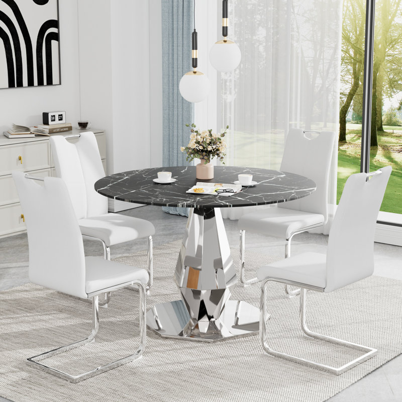 Ensemble de salle à manger à piédestal Luxtury, Noir, Blanc, Argent argent