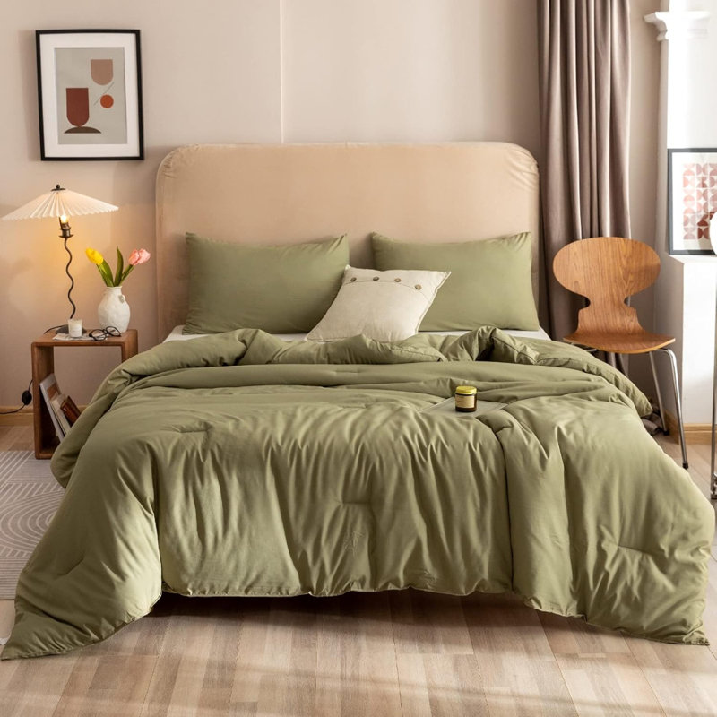 Ensemble d'édredon très grand vert olive, 3 pièces (1 édredon boho et 2 taies d'oreiller), courtepointe légère pour literie toutes saisons