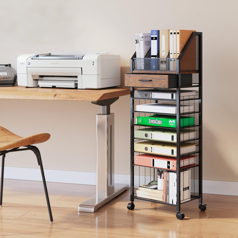 9-Tier Rolling File Organizer With Upright Trays & Drawer - Modern Office Paper Storage Cart With Mesh Shelves