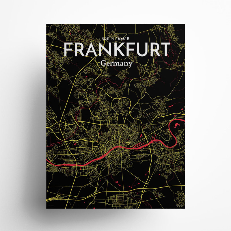 Frankfurt City Map in Contrast 1 Piece Wall Art, 24cm H x 18cm W x 0.05cm D