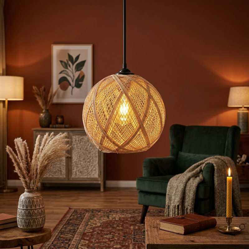 Luminaire suspendu sphérique 1 lumière Windslow, H 8,7 po x l 9,5 po x P 9,5 po, Brun / écru