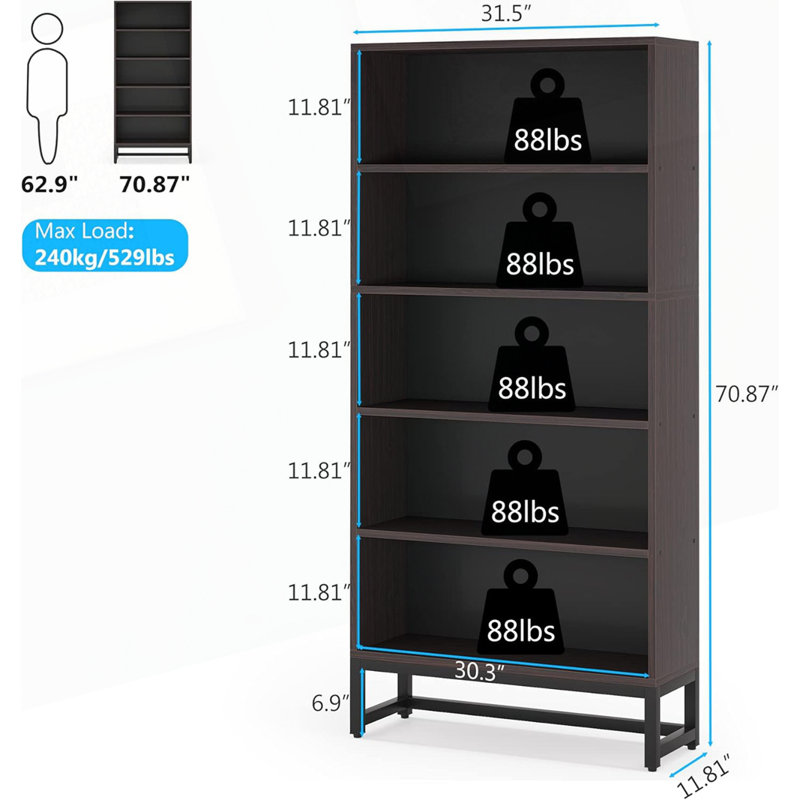 5-Tier Sandalwood Heavy Duty Bookshelf Library Organizer, Natural Cherry