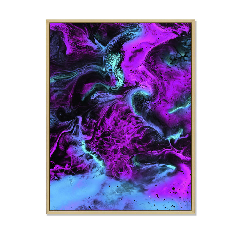 Neon rose, bleu et vert, paysage liquide - peinture sur toile, H 40 po x l 30 po, Cadre flottant en érable