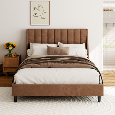 Brown Full Size Bed Frame with  47.2 Tall Wingback Headboard