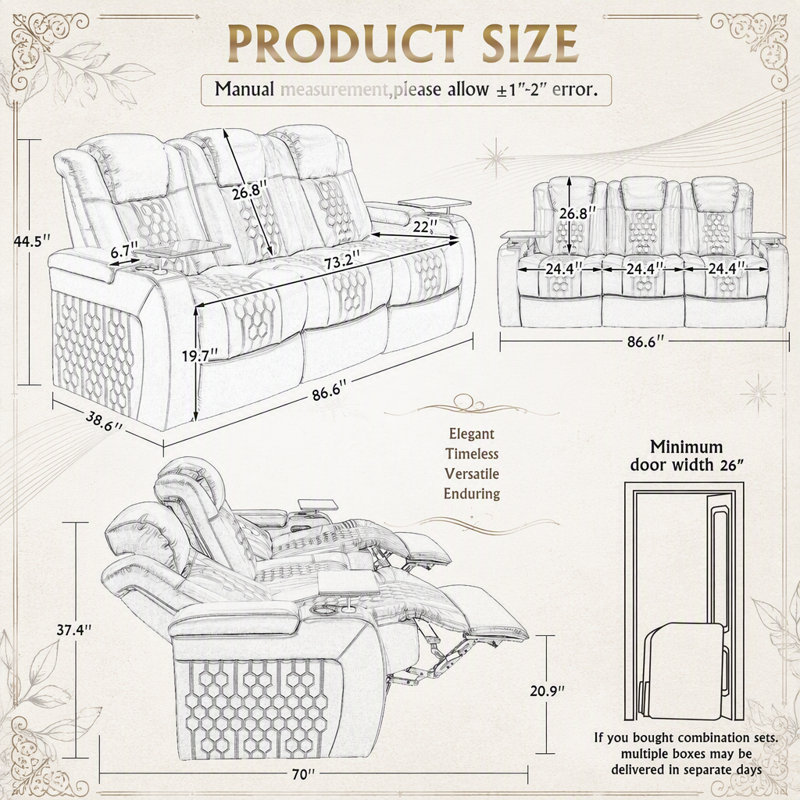 Fauteuil inclinable électrique 3 pièces de 220 cm (86,6 pouces) avec revêtement en cuir Nappa pleine fleur, position de relaxation entièrement réglable, chargement intelligent et éclairage DEL RVB dynamique