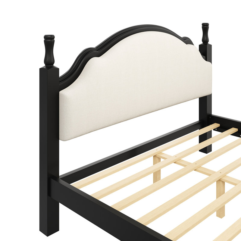 Lit plateforme en bois avec tête de lit tapissier, Beige+Black, Grand lit