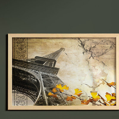 «Ambesonne Eiffel Tower Wall Art with Frame, Falling Leaves In Romantic Love Autumn Season», affiche imprimée en tissu pour dortoirs de salle de bain, 35 po x 23 po, gris anthracite beige