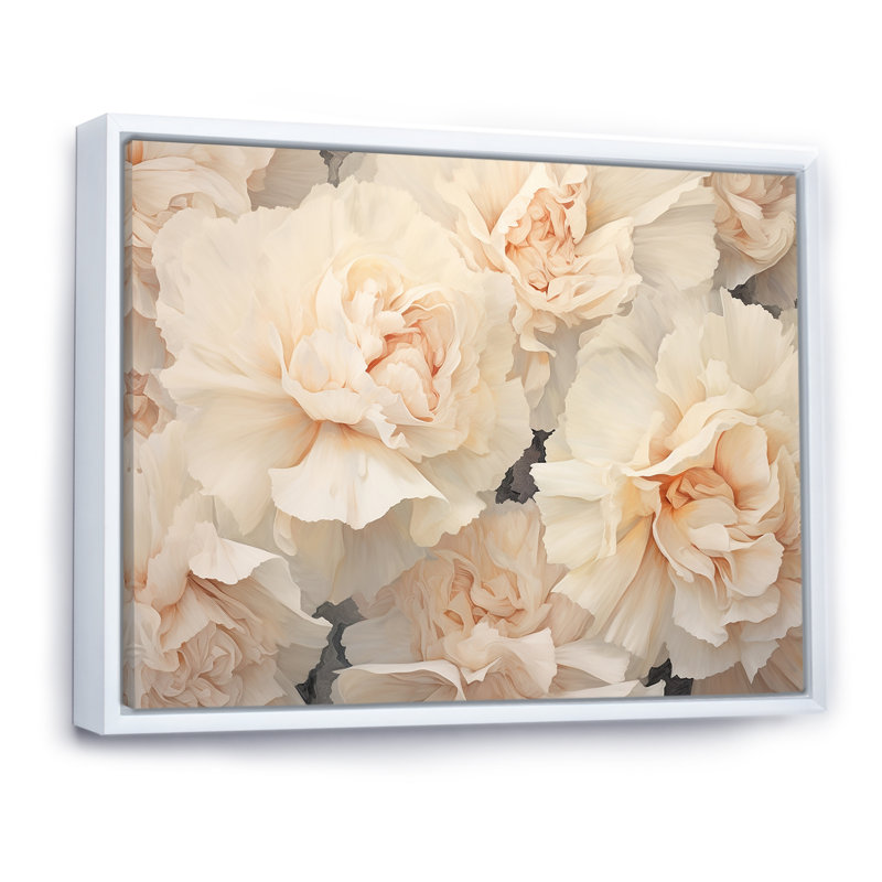 Arrangement d'œillets beige V sur toile, Cadre flottant blanc, H 30 po x l 40 po