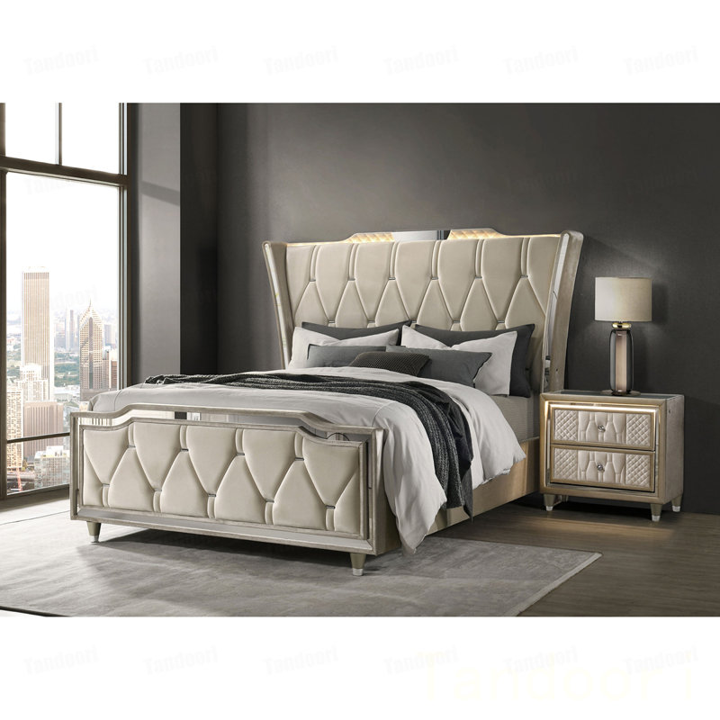 Ivory/Camel Queen LED Upholstered Wingback Bed
