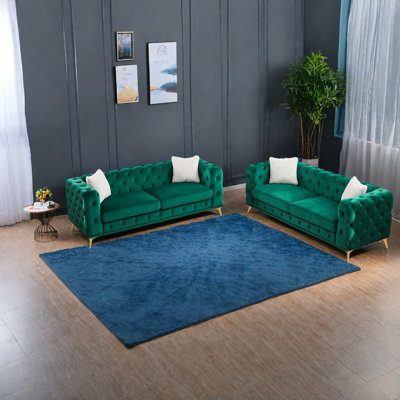 Compression Sofas Set, Green Velvet 3 Seater, Modern Tufted Home Lounge