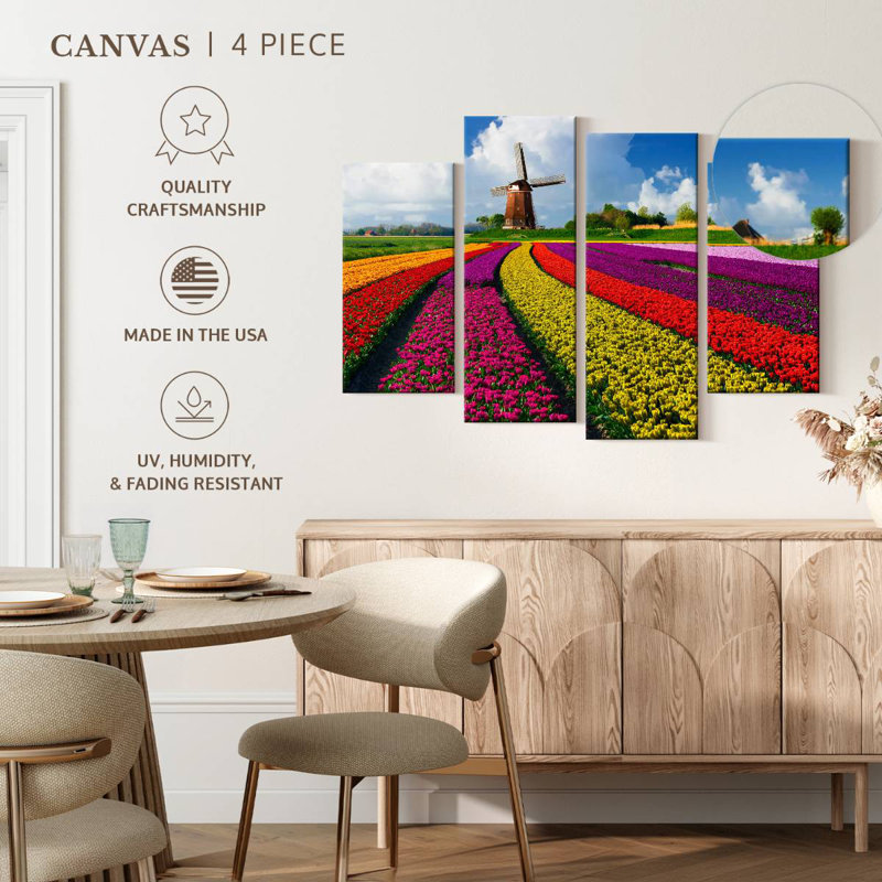 Moulin à vent Harnek dans les champs de tulipes, H 22 po x l 36 po