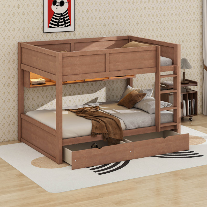 Lit double superposé au dessus d'un lit double avec 2 tiroirs, lit superposé en bois avec armoires de rangement et lumières DEL