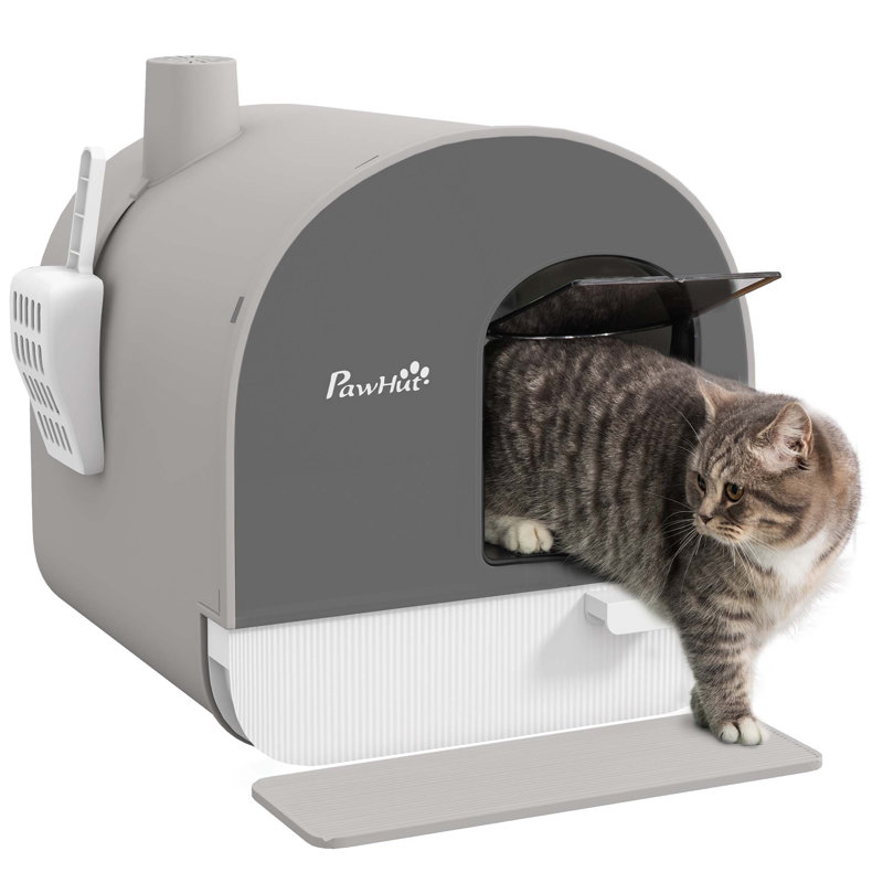 Bac à litière pour chat avec couvercle, bac à litière pour chats d'intérieur avec plateau, pelle, filtre, 17 po x 17 po x 18,5 po, gris clair