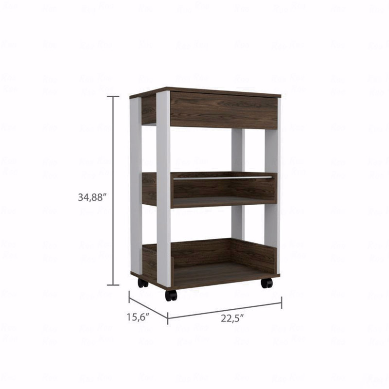 Chariot de cuisine, trois tablettes, quatre roulettes