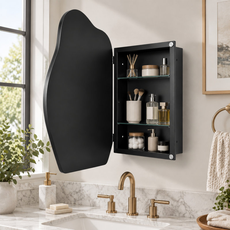 Armoire de toilette en forme de nuage avec miroir, étagères en verre ajustables et cadre en métal, Matte Black
