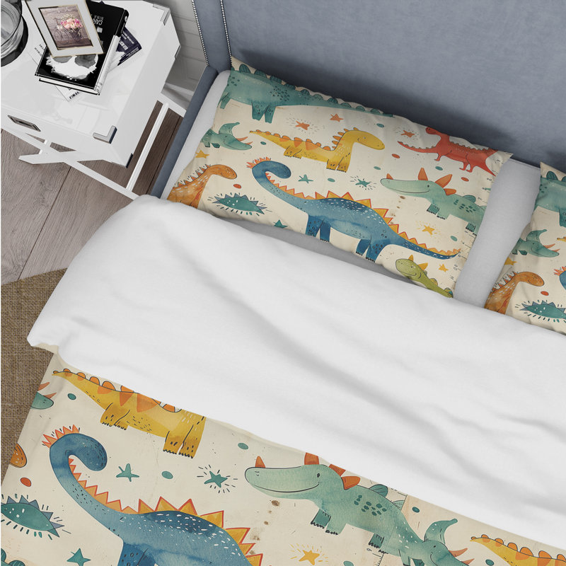 Ensemble de housse de couette jaune et vert pour enfants, motif de dinosaures I