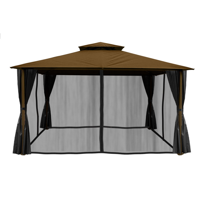 Kingsbury 11 Ft. W x 14 Ft. D Aluminum Patio Gazebo with Privacy Curtains and Mosquito Netting, Cocoa