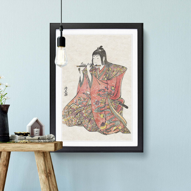 Boy Playing the Flute by Torii Kiyonaga - Picture Frame Painting Print, 48cm H x 36cm W x 2cm D, Black Framed