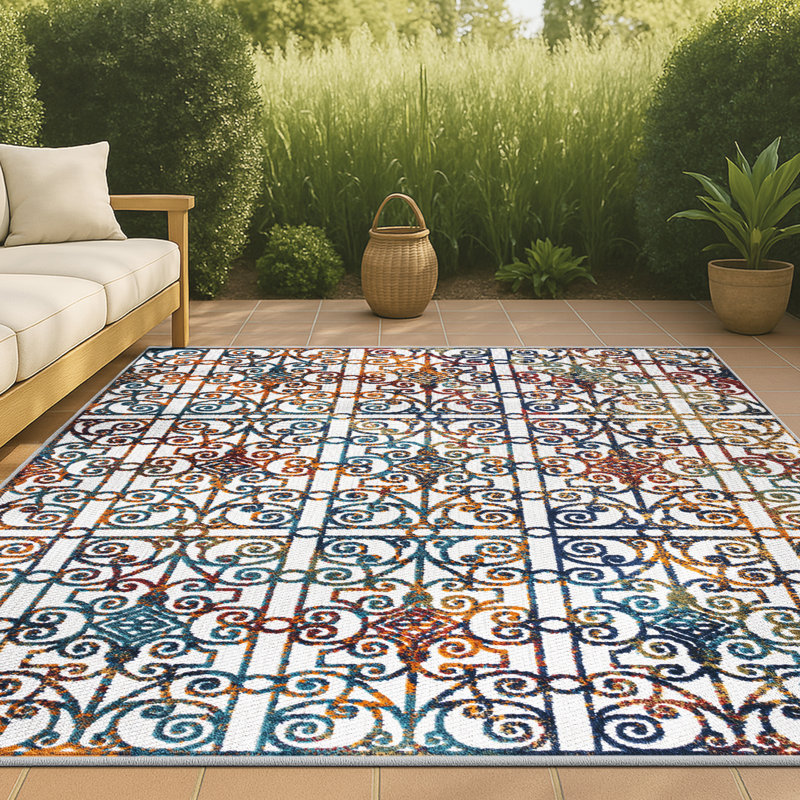 Tapis intérieur / extérieur crème / bleu / orange Wolfhard, Rectangle 4pi x 6 pi