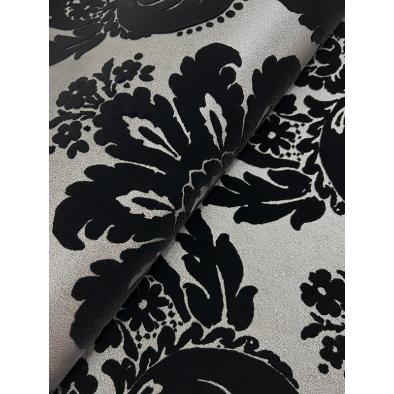Shadow Black Flocked Damask Wallpaper, Black