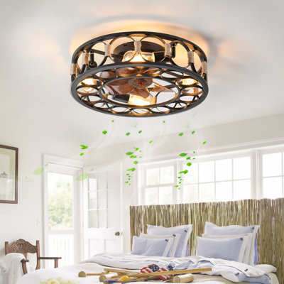 Ventilateur de plafond en cage avec lumières, télécommande, ventilateurs de plafond encastrés modernes à profil bas, pales réversibles à 6 vitesses, 5 ampoules DEL incluses (noir)