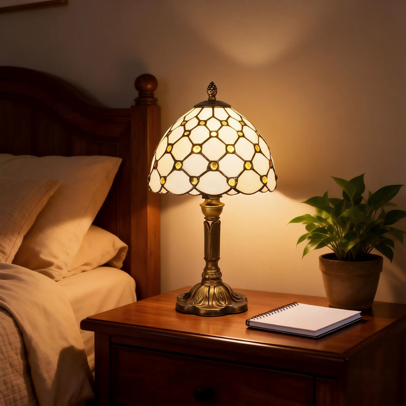 13.4-Inch H  Antique Brass Yellow Beaded Tiffany-Style Table Lamp, Bedside Night Lamp