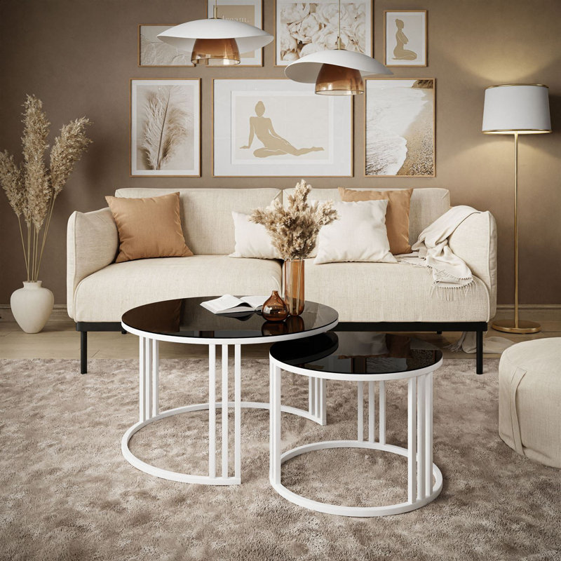 Downey 2 Piece Coffee Table, Black Glass, White