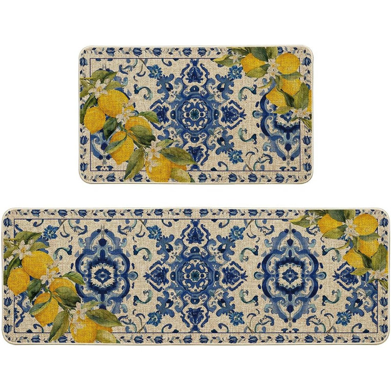 Blue Floral Lemons Kitchen Mats - Blue - Set Of 2 Low-Profile Floor Rugs, 17X29 & 17X47 Inch, Spring Home Decor