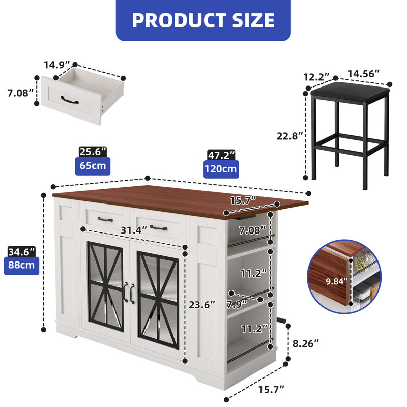 47" Large Portable Kitchen Island Dining Bar Kitchen Table with Drop Leaf and 2 Stools, White/Black/Dark Brown Wood