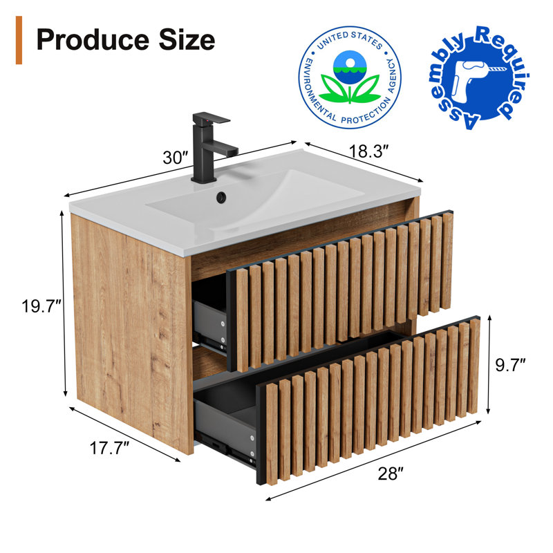 30" Wall Mounted Bathroom Vanity Set With Sink Top, Faucet And Drain, Floating Cabinet, Beige