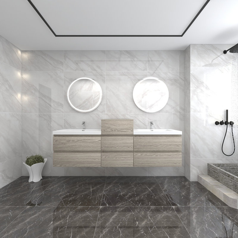 Ensemble de meuble-lavabo mural double 79 po Moreno Bailey, Chêne et teck